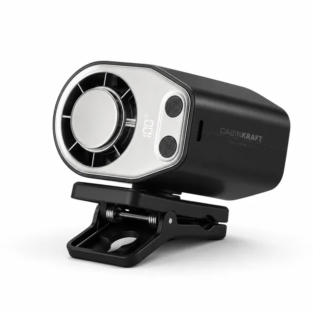 Rechargeable Clip-On Car Fan with LED Display, 360° Adjustable