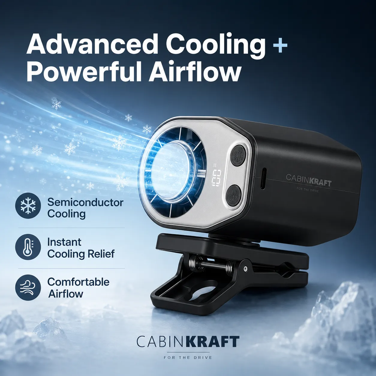 Rechargeable Clip-On Car Fan with LED Display, 360° Adjustable
